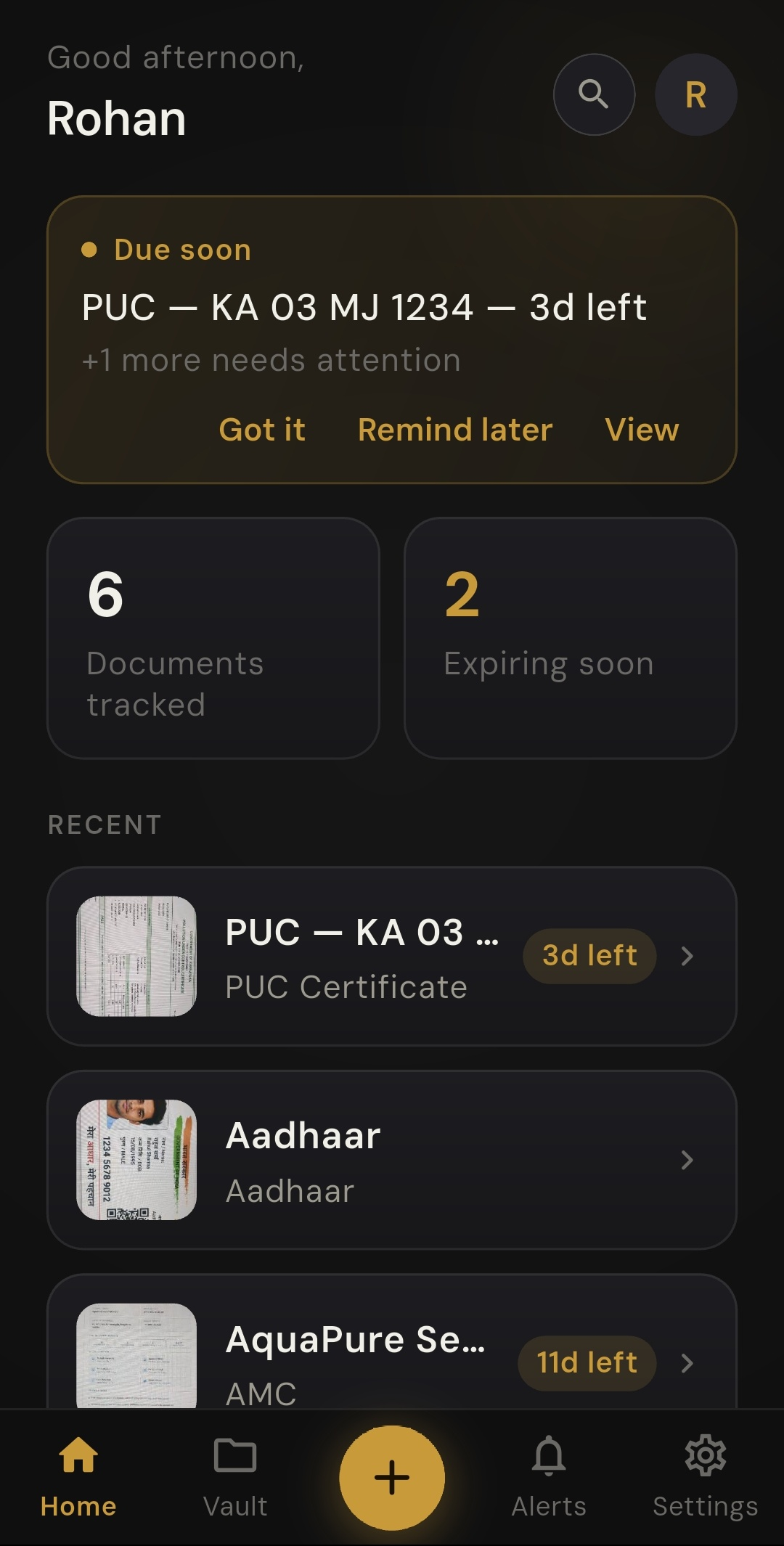 Dokzo home screen showing tracked documents and upcoming renewal reminders
